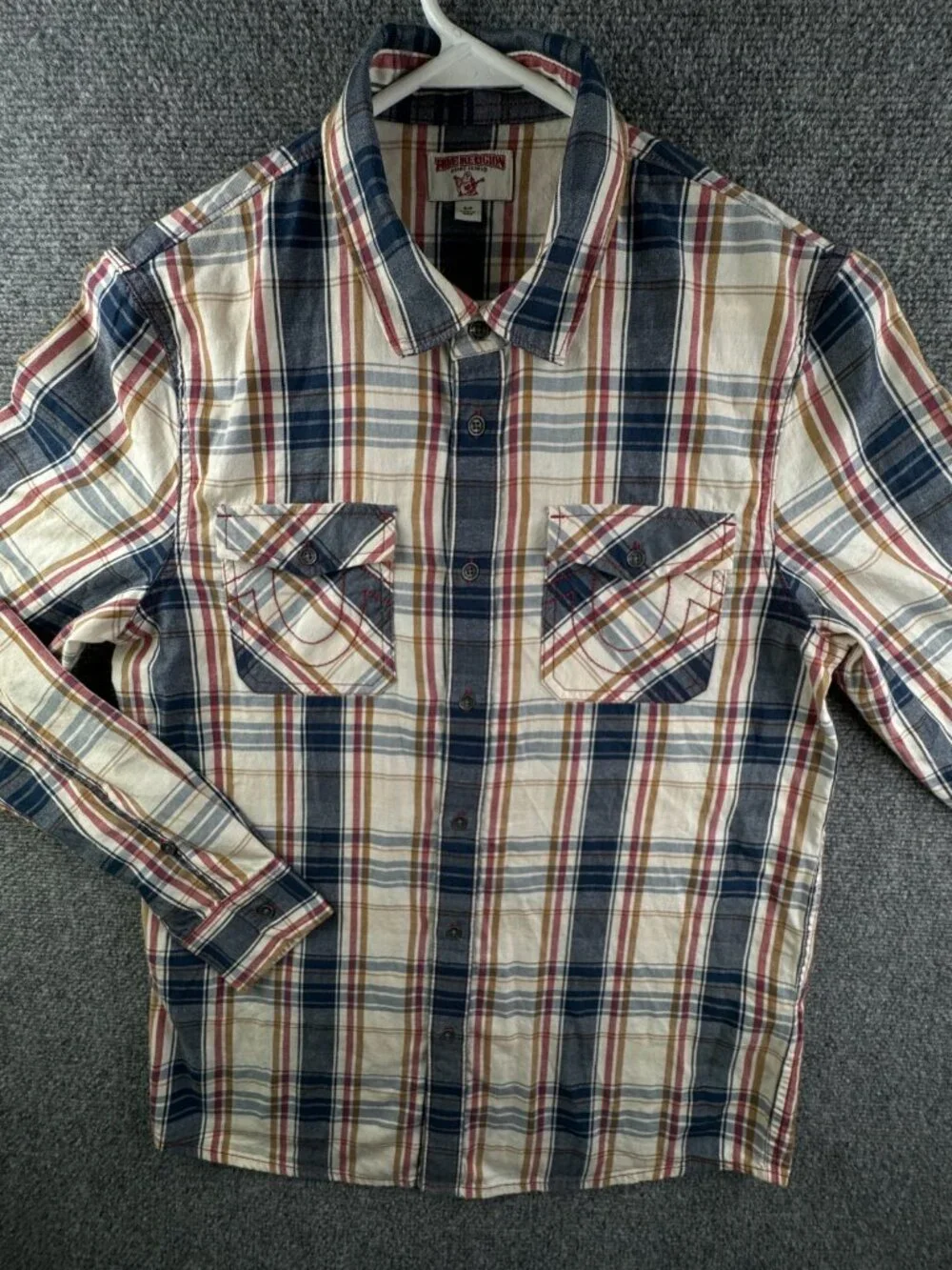 True Religion Long Sleeve Plaid Button Up Shirt Men Small Pockets Cotton Tall